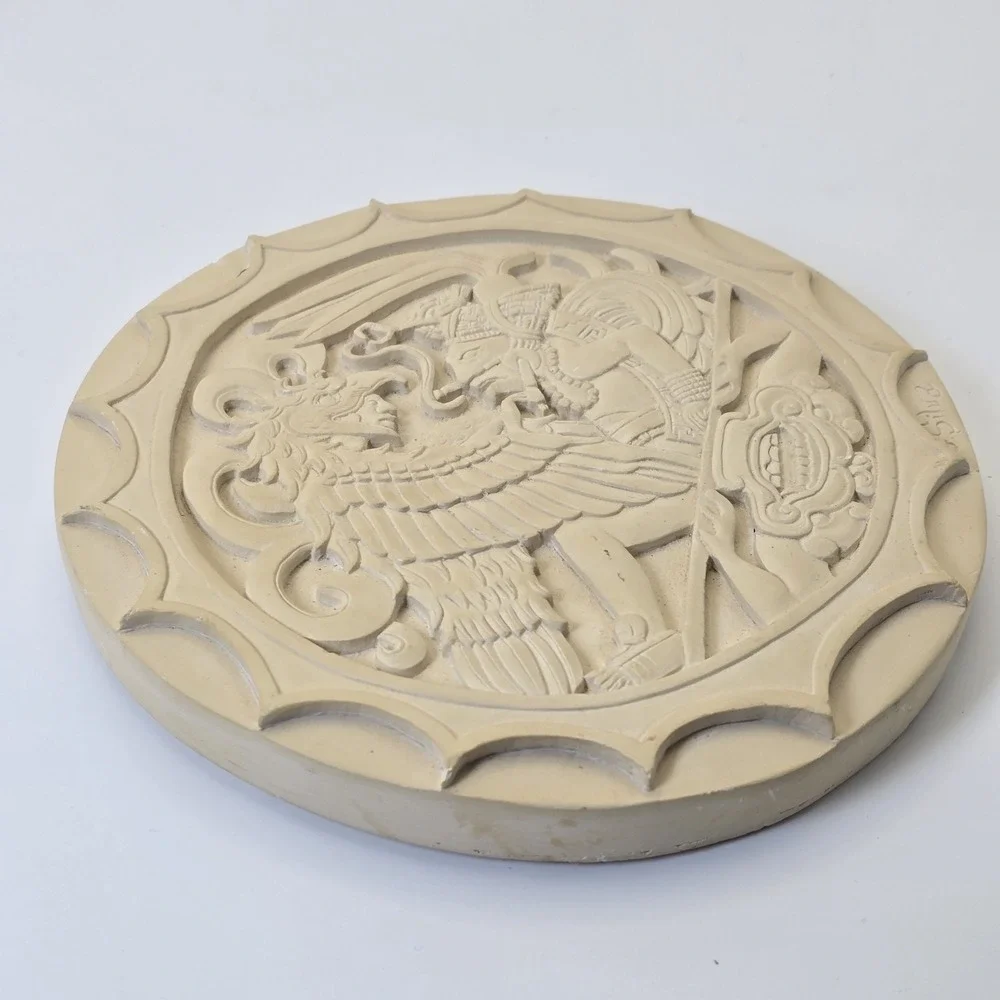 Vintage G. Silva Mayan Aztec Relief Wall Plaque Cast‎ Stone Chalkware Art 6.5